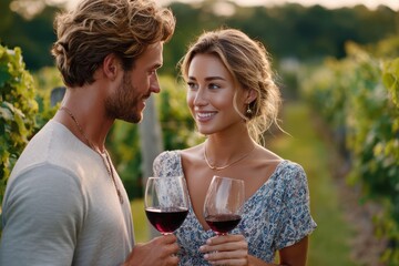 Couple enjoying wine in a vineyard during sunset
