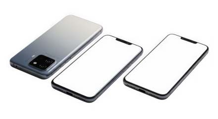 Three modern smartphones with blank white screens on a black background