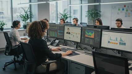 Dynamic Call Center: Diverse Team Working on Computers with Data Charts and Graphs. - Powered by Adobe