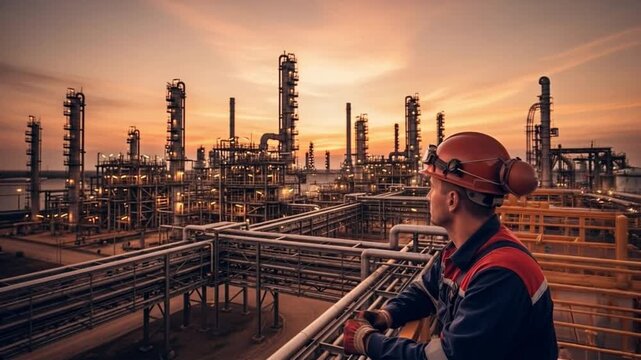 Industrial worker overlooking a petrochemical plant at dusk 9k detailed.
