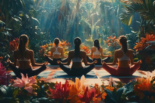 A group of yoginis practicing yoga in a lush garden, with vibrant flowers surrounding them