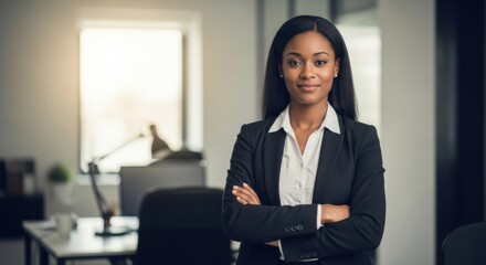A portrait of a confident and successful Black businesswoman with arms crossed, standing in a modern office environment.