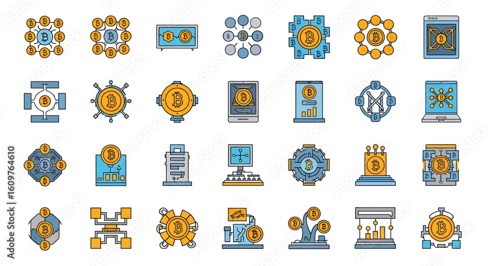Poster vector icons set of a diverse set of bitcoin and blockchain technology icons in a modern yellow and 