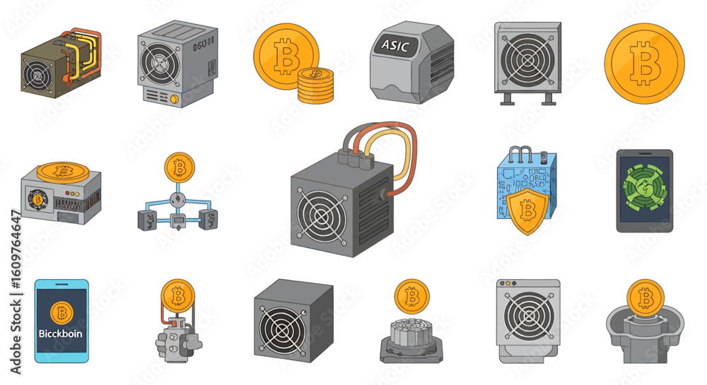 Poster vector icons set of a diverse set of cartoonstyle icons representing bitcoin cryptocurrency mining e