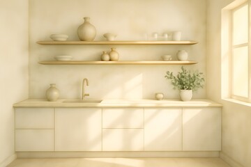 Scandinavian Minimalist Kitchen with Matte White Cabinets and Marble Backsplash — Watercolor Printable Interior Art