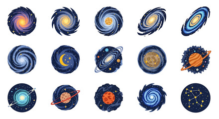 Vector Icons Set of A vibrant cartoon collection of stylized space icons featuring swirling galaxies ringed planets stars and cosmic constellations. EPS Editable