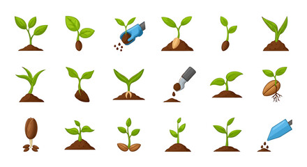 Vector Icons Set of A vibrant cartoon icon set illustrating the stages of plant germination and growth from seed to young sprout including gardening tools. EPS Editable