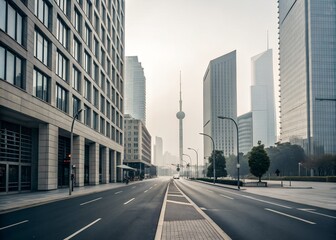Fototapeta premium Modern city street with tall buildings and distant tower