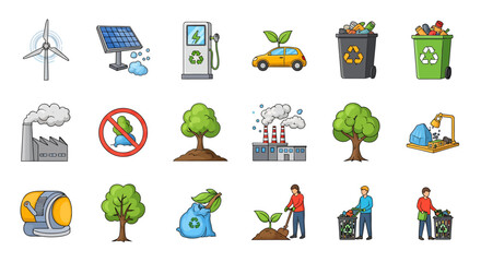 Vector Icons Set of A vibrant set of cartoonstyle icons depicting ecology recycling green energy and environmental protection concepts. Vector Illustrations. EPS Editable