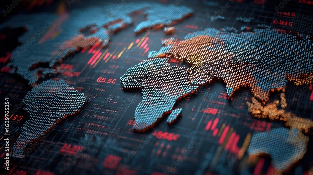 Poster abstract world map with financial data overlay technical background