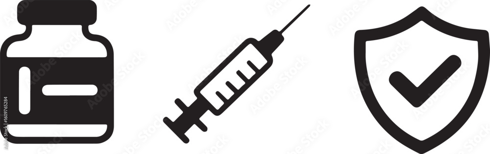 Poster vial syringe shield check mark vector bundle collection set pack object template elements icons clip