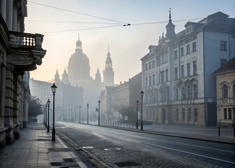 Misty morning street scene in european city with historic architecture