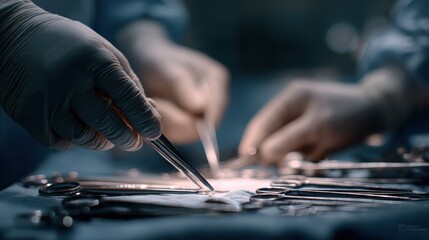 Hands of a surgeon in an operating room close-up, steady and precise gloved hands delicately manipulate surgical instruments during a complex procedure,