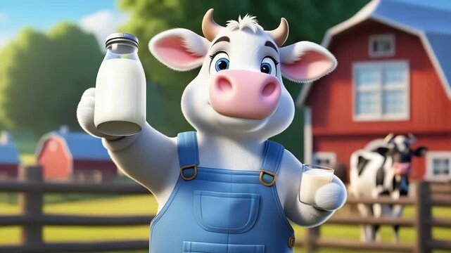 Cute cartoon cow holding full bottle and glass of milk in background of countryside. Topic of sale of fresh farm dairy products.