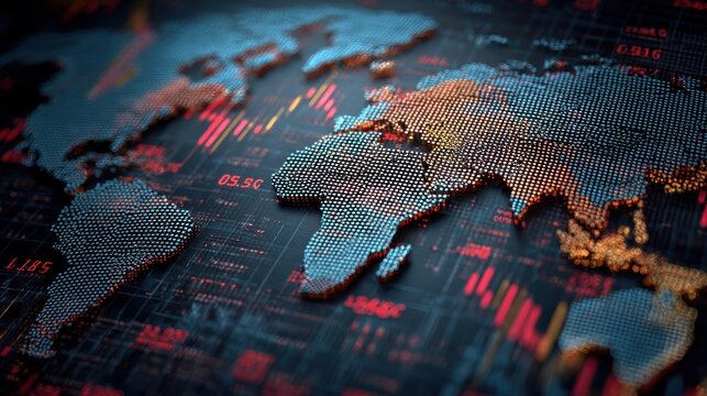 abstract world map with financial data overlay technical background
