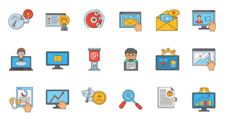 Vector Icons Set of Collection of colorful cartoon business and marketing icons Set of flat design pictograms for digital media data analysis and online communication concepts. EPS Editable