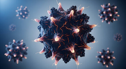 3D virus particle with intricate surface details and glowing protrusions, surrounded by smaller virus particles.