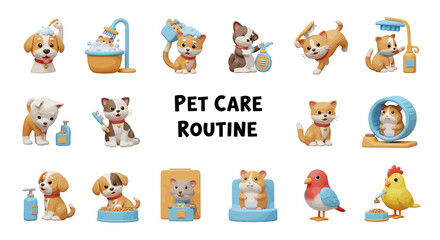 Vector Icons Set of A charming 3D collection of cute cartoon pets demonstrating a daily care routine including grooming bathing and feeding. Vector Illustrations. EPS Editable