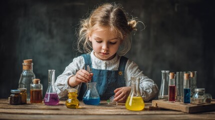 young girl. play science experiments for homeschooling , no logos, no brands