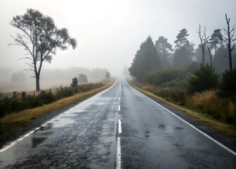 Wet asphalt road disappearing into misty forest landscape