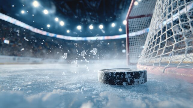 Fast ice hockey puck flying into goal net on field at World Cup match tournament, background with copy space.