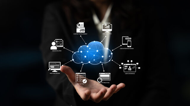 Cloud computing, cloud strategy, and cloud technology transforming digital infrastructure with scalable services, secure data storage, and cloud-based digital business solutions. Spline