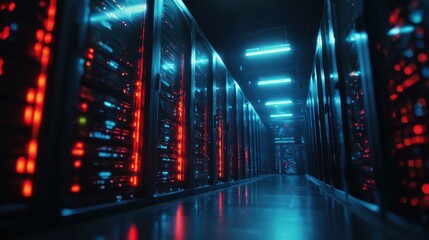 Server rack with blinking red lights in a dark data center. Futuristic blue lighting illuminates rows of computer hardware. Focus on technology, cybersecurity, and system vulnerability.