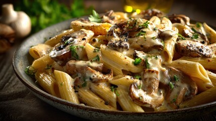 Creamy mushroom sauce pasta penne dish delicious food photography for restaurant menu or cookbook recipe illustration.