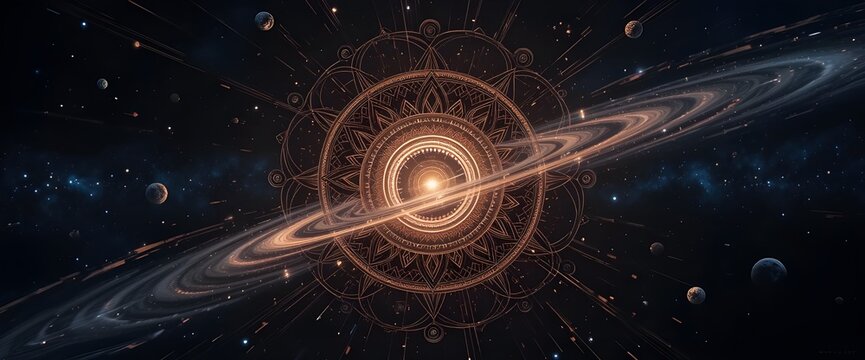 Dark Space Mandala, planets forming a symmetrical pattern like a mandala, glowing trails and radiating cosmic pulses, stars twinkling softly in the distance - Powered by Adobe