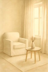 Cozy Minimalist Corner with White Slipcovered Armchair and Blowing Linen Curtains — Watercolor Printable Home Decor