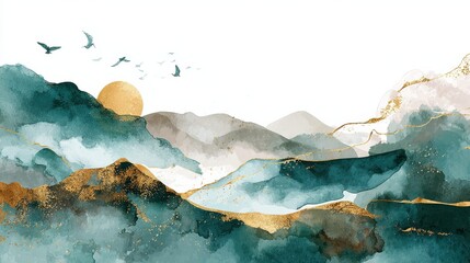 Abstract watercolor background vector. Luxury wallpaper with paint brush and gold line art. Mountain landscape, bird, sun, earth tone watercolor illustration for wall art, cover and invitation cards.