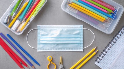 Flat lay top view of face mask and school supplies, back to school and coronavirus concept., no logos, no brands