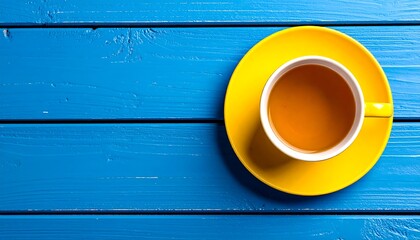 Overhead view of yellow teacup on blue wooden table with bright minimal style.
