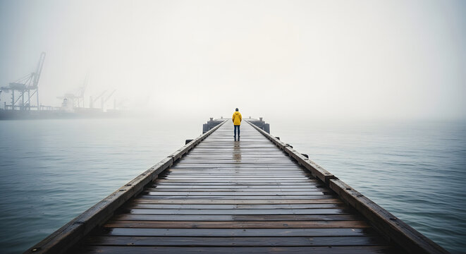 Solitary figure in yellow raincoat stands on a long, misty pier overlooking calm water and distant industrial structures.