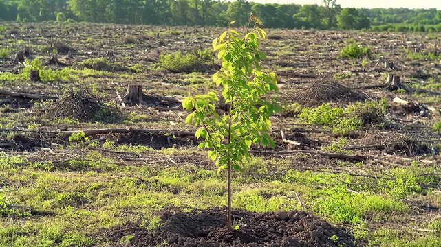 Small tree stands alone in a field of stumps