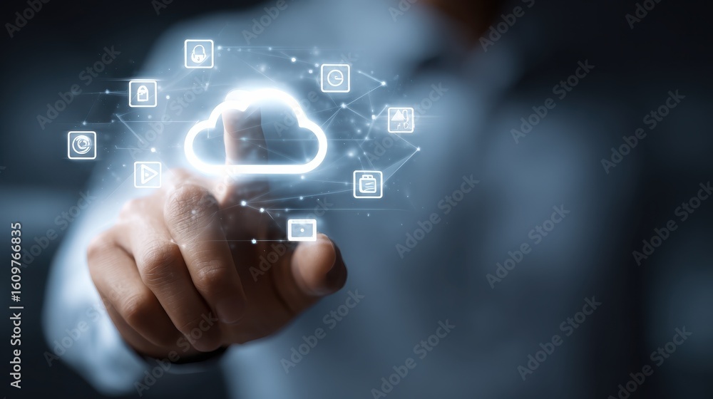 Poster cloud computing concept with digital screen with glowing cloud and application icons above man hand 