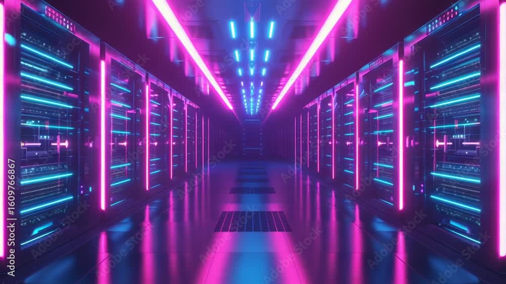 Poster row of servers in a data center