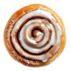 A top-down view of a freshly baked cinnamon roll with a glossy icing swirl.