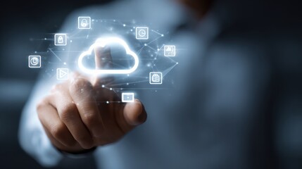 Fototapeta premium Cloud computing concept with digital screen with glowing cloud and application icons above man hand at abstract background, no logos, no brands