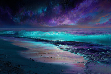 A cosmic beach with metallic sand and glowing waves