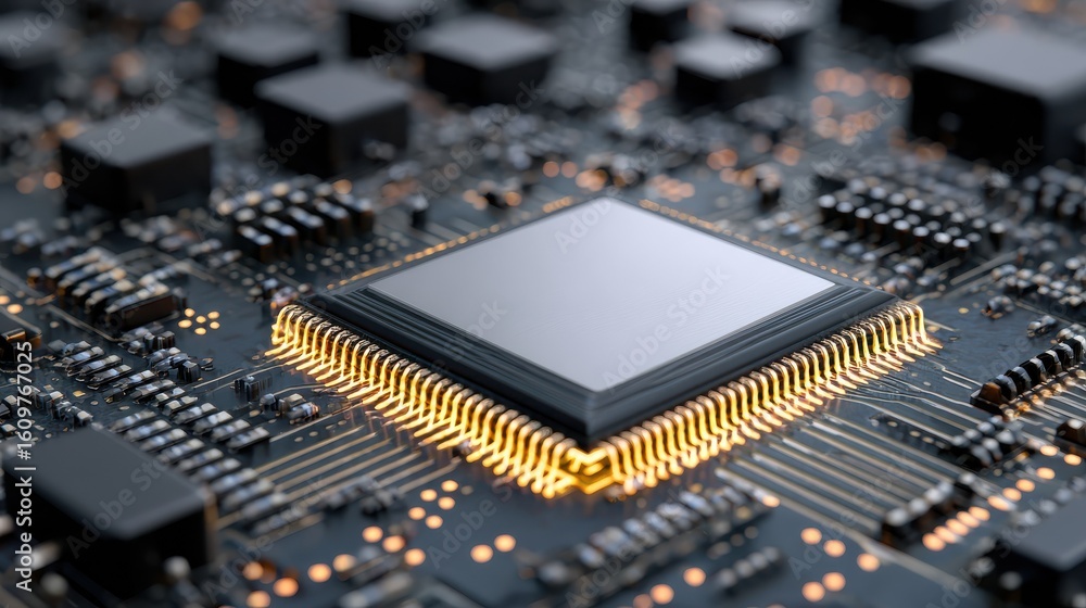 Poster close-up of a cpu with microcircuits in the background.