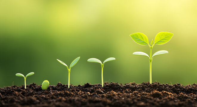 Sequence of a plant growing from seed to sprout. Concept of new life, development, and investment success growing in rich soil with a green background.