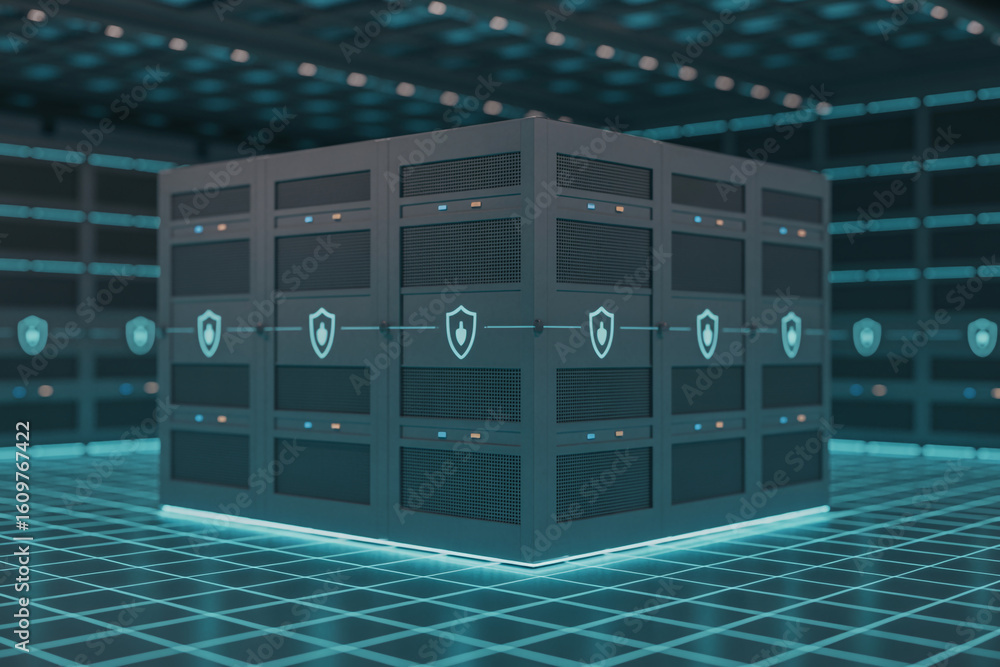 Aufkleber futuristic glowing cube server rack in a dark data center with blue grid floor