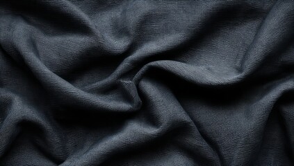 Fototapeta premium Black crumpled fabric background, top view. Dark abstract backdrop with folds of black cloth. Abstract dark texture for design. Black silk and satin fabric.