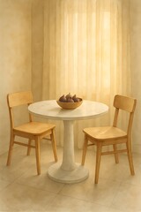 Cozy Minimalist Breakfast Nook with Marble Table and Morning Light — Watercolor Printable Dining Decor