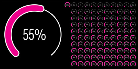 Set of circular sector arc percentage diagrams meters progress bar from 0 to 100 ready-to-use for web design, user interface UI or infographic - indicator with magenta hot pink