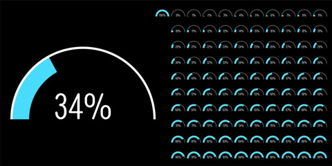 Set of semicircle percentage progress bar diagrams meters from 0 to 100 ready-to-use for web design, user interface UI or infographic - indicator with blue