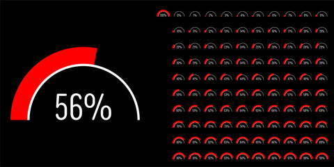Set of semicircle percentage progress bar diagrams meters from 0 to 100 ready-to-use for web design, user interface UI or infographic - indicator with red