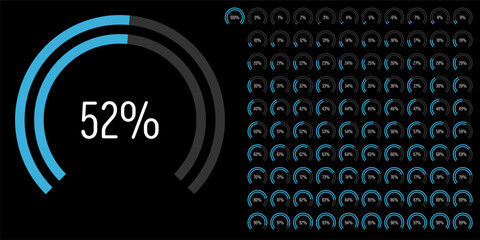 Set of circular sector arc percentage diagrams meters progress bar from 0 to 100 ready-to-use for web design, user interface UI or infographic - indicator with blue