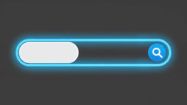 A digital hand presses a glowing blue search bar button on a gray background